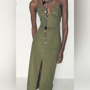 Zara Olive Green Sleeveless Midi Dress with Front Slit